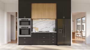 Modern kitchen featuring dark cabinetry, integrated stainless steel appliances, a marble-patterned backsplash, light wood-finish accents, and checkered flooring