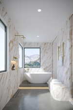 Contemporary bathroom featuring a freestanding soaking tub, large format wall tiling, recessed shower niche, and a stone bench