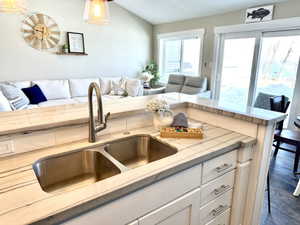 Kitchen island with a dual basin stainless steel sink and a gooseneck faucet