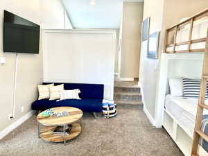Carpeted living area featuring a wall-mounted television, built-in bunk beds with integrated storage, and a partial wall with vertical paneling