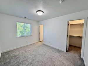 Carpeted room featuring a ceiling-mounted light fixture, a window with blinds, and a walk-in closet with shelving and a hanging rod
