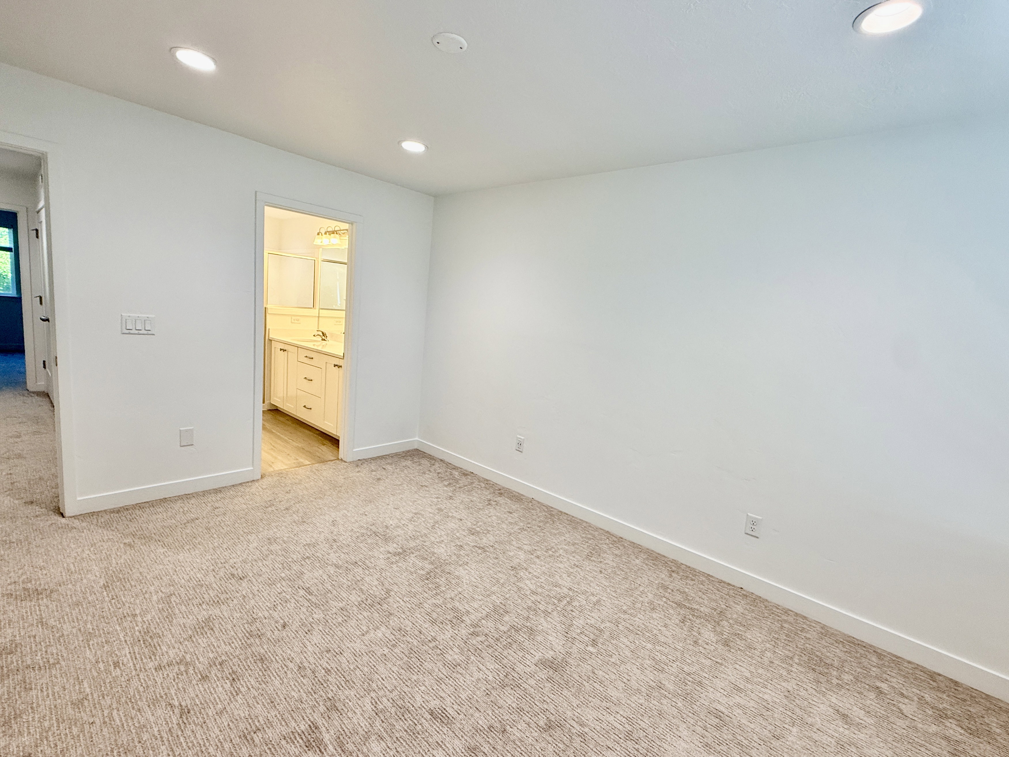 Carpeted room with recessed lighting and white baseboards