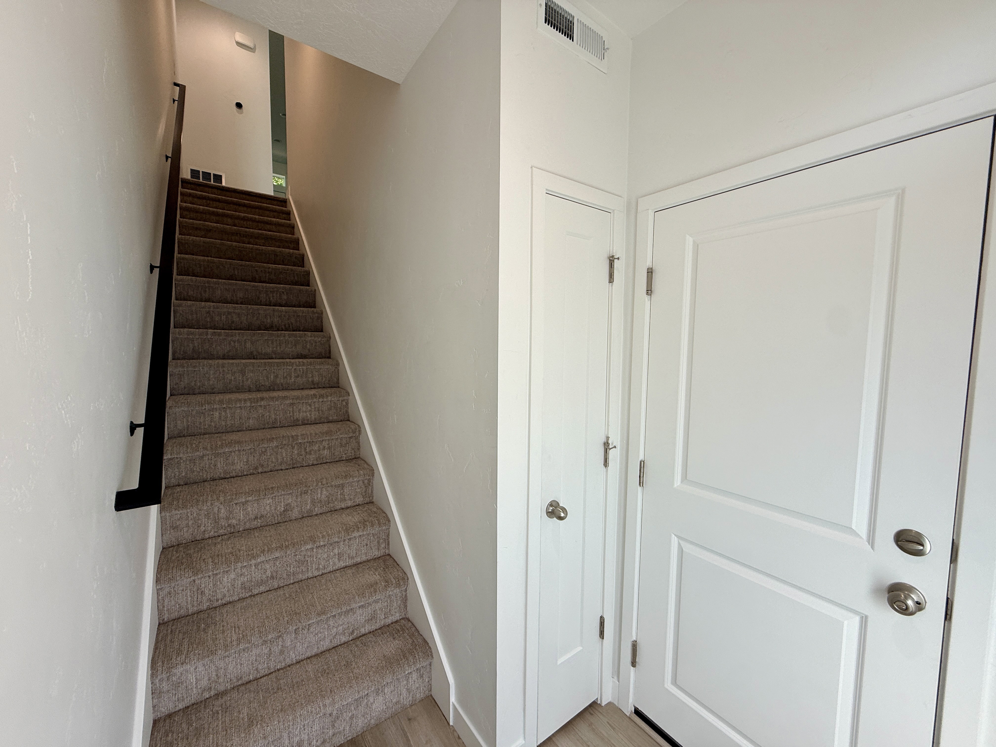 Carpeted staircase with a matte black handrail, light wood-finish flooring, and crisp white trim
