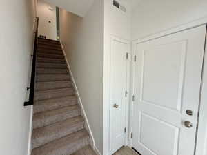 Carpeted staircase with a matte black handrail, light wood-finish flooring, and crisp white trim