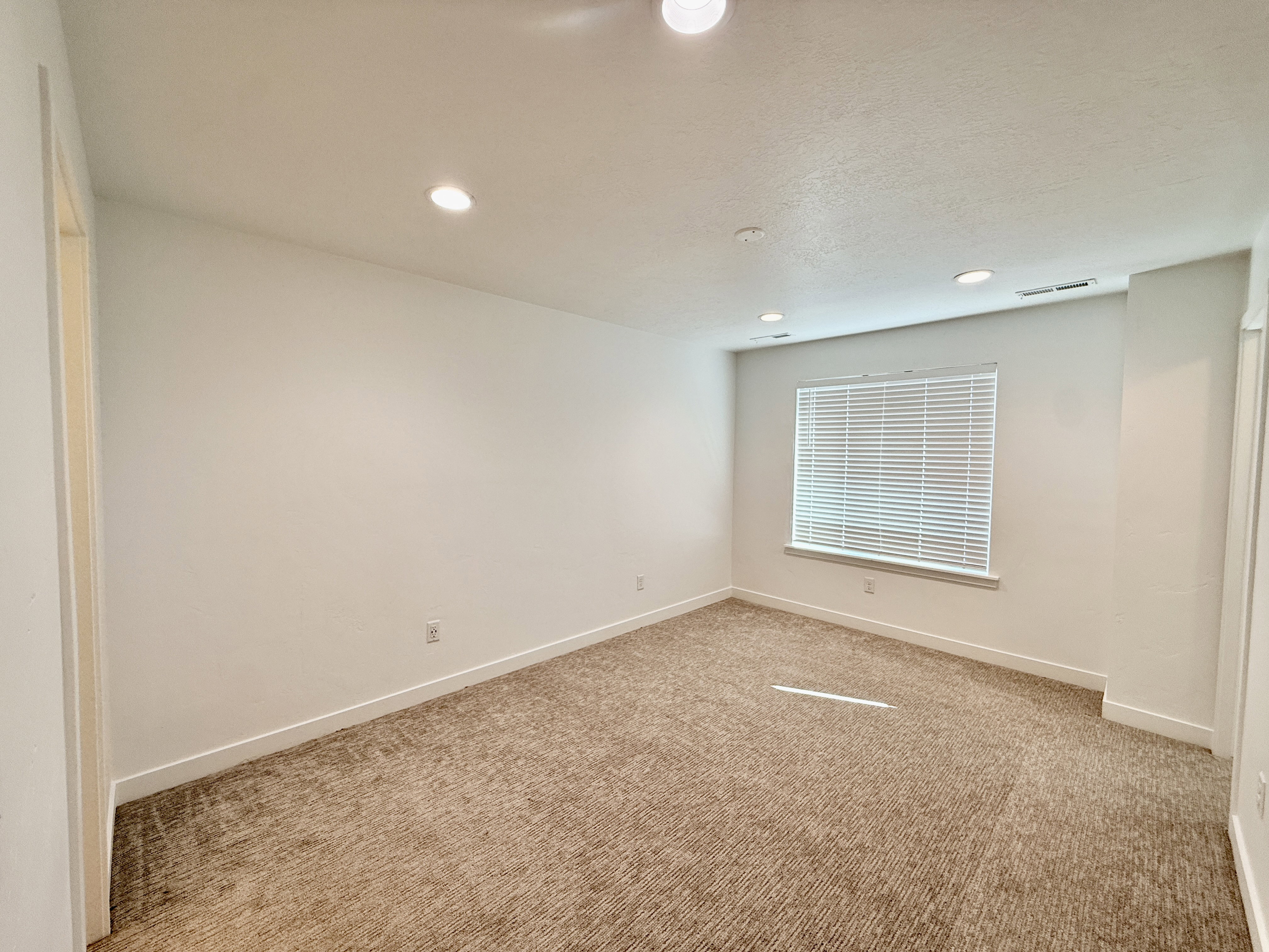 Carpeted room featuring recessed lighting, a window with horizontal blinds, and clean white walls