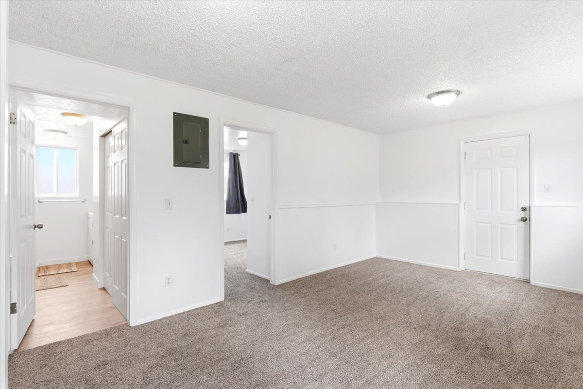 Spacious room featuring neutral carpet flooring, white walls with wainscoting, and a ceiling-mounted light fixture
