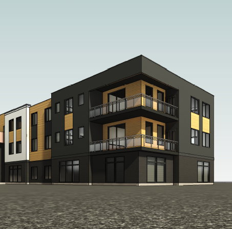 Modern multi-story building featuring dark paneling, natural wood-tone siding, and white accents