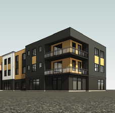 Modern multi-story building featuring dark paneling, natural wood-tone siding, and white accents