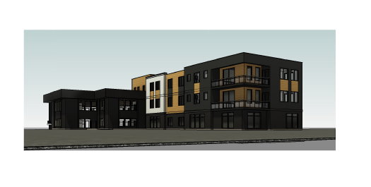 Contemporary multi-story building featuring a black and natural wood-tone facade