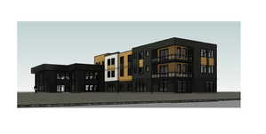 Contemporary multi-story building featuring a black and natural wood-tone facade