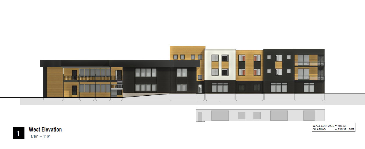Architectural Drawing, West Elevation. Depicting the architectural design and exterior facade of the property