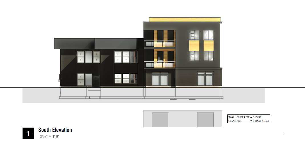 Architectural Drawing, South Elevation. Illustrating the exterior facade and dimensions of the property