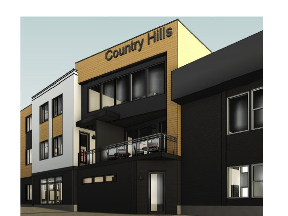 Modern multi-story building featuring varied facade materials including black siding, light-colored panels, and wood-toned accents