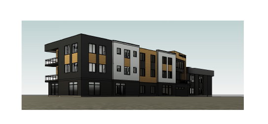 Contemporary multi-story building featuring a facade of dark paneling, light-colored siding, and wood-finish accents