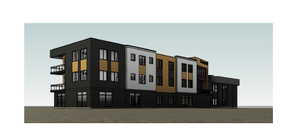 Contemporary multi-story building featuring a facade of dark paneling, light-colored siding, and wood-finish accents