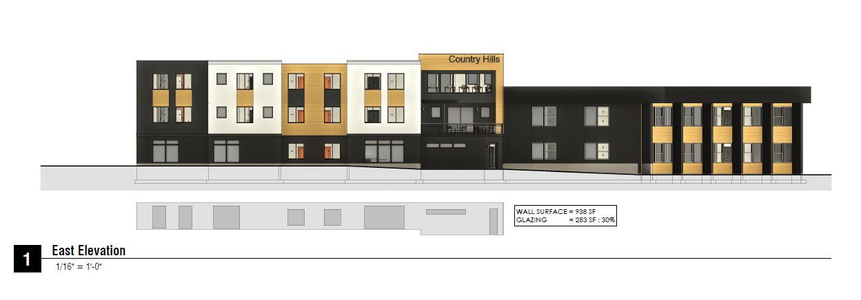 Architectural Drawing. East elevation of the property, indicating exterior design and glazing percentages