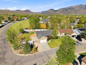 Ranch-style residence featuring a prominent garage, a paved driveway, and established landscaping