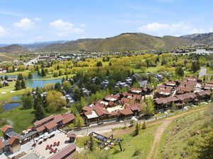 Expansive aerial panorama showcasing a multi-building complex with brown roofs and natural wood siding, surrounded by mature trees