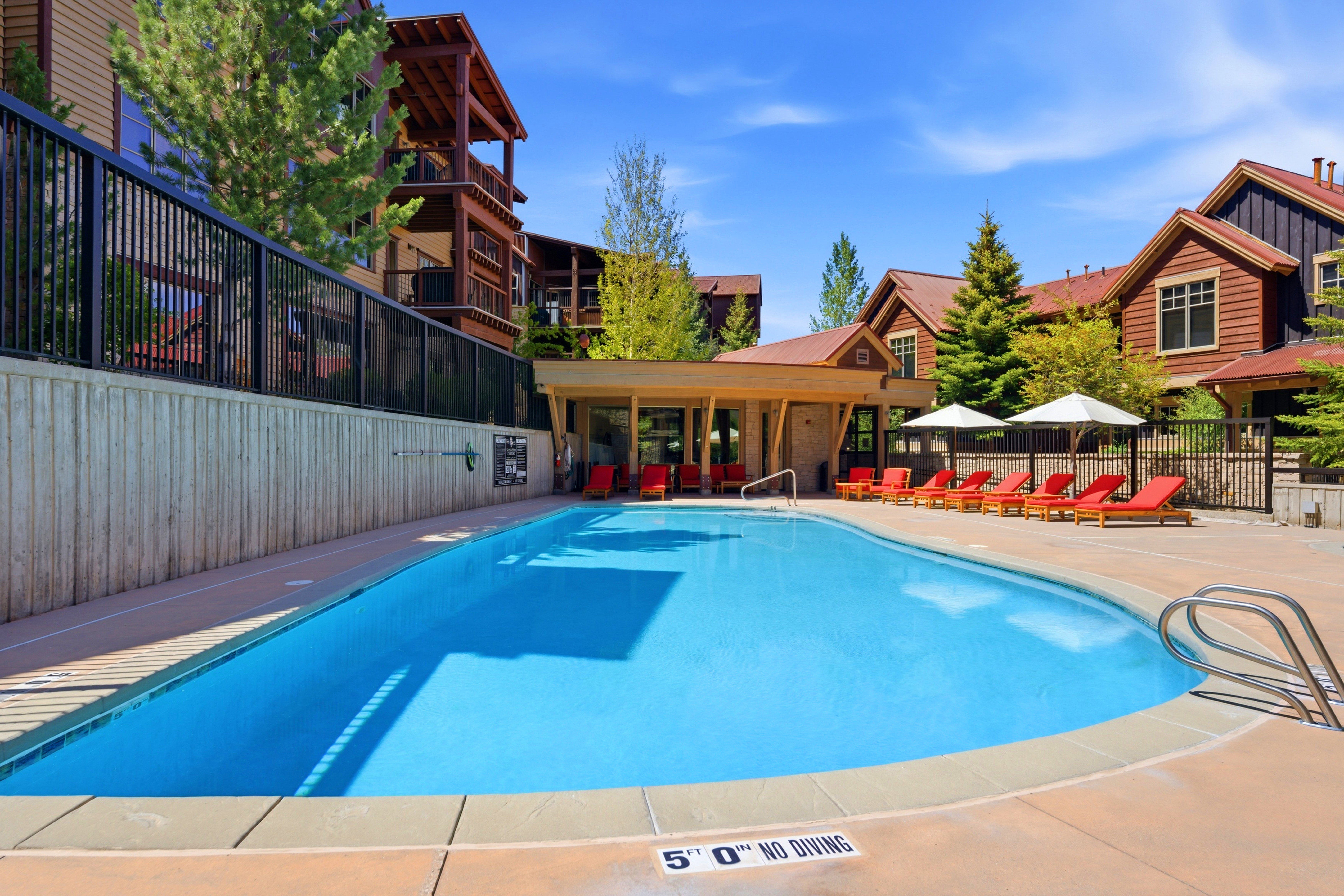 Outdoor swimming pool featuring a curved design and integrated entry steps