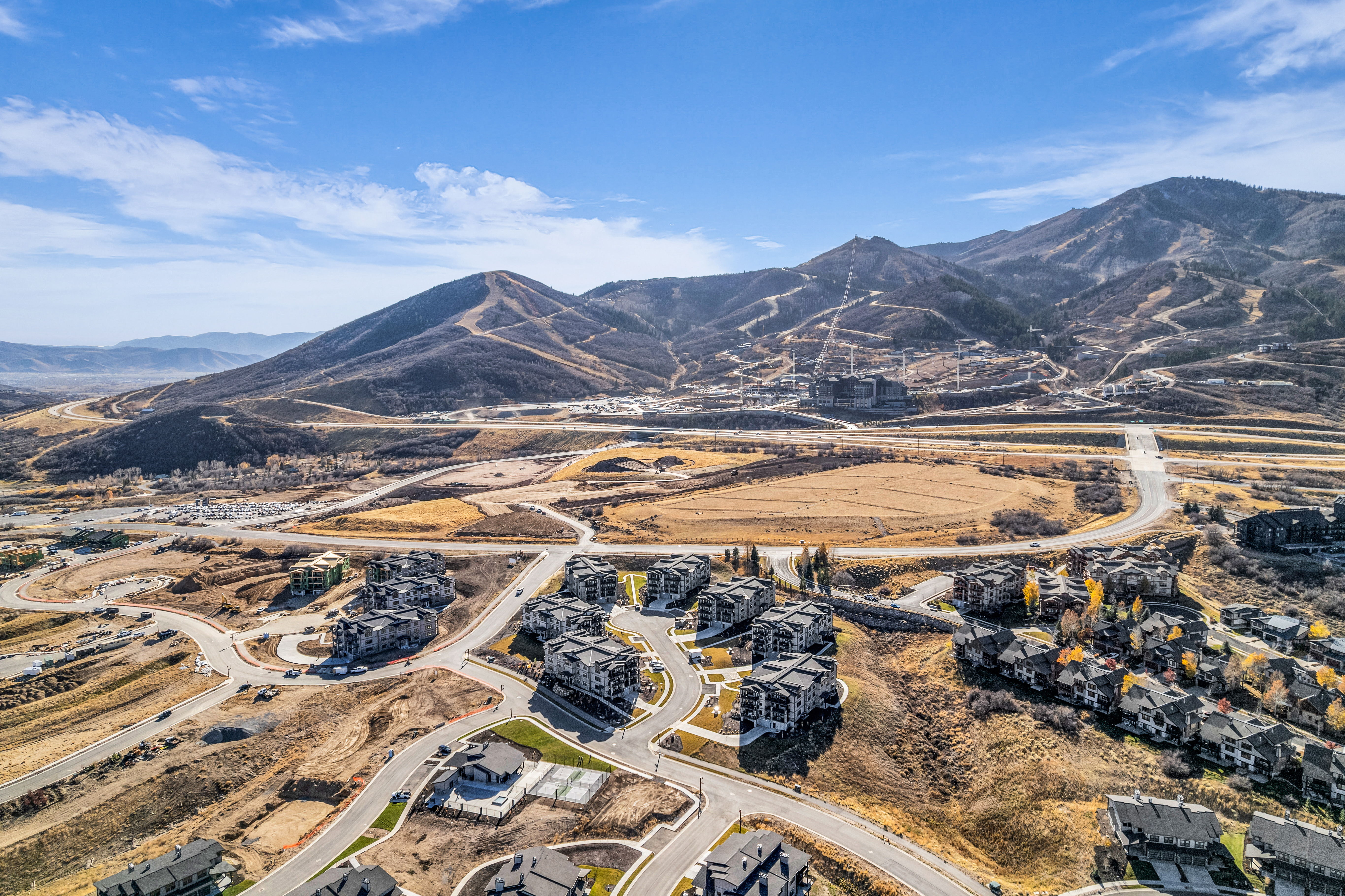 Aerial perspective showcasing a residential area with varied housing types