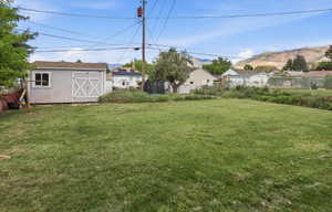 Expansive grassy yard area featuring a detached storage shed with a window and double barn doors