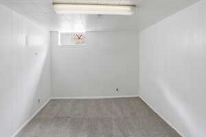 Spacious room featuring light gray carpeting, crisp white paneled walls, a drop ceiling with integrated lighting, and a single window