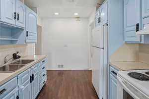 Kitchen featuring light blue cabinetry with dark hardware, a dual basin stainless steel sink, and wood-finish flooring