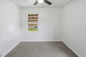Room featuring light gray carpeting, crisp white walls, a white-framed window, and a ceiling fan with dark wood-finish blades