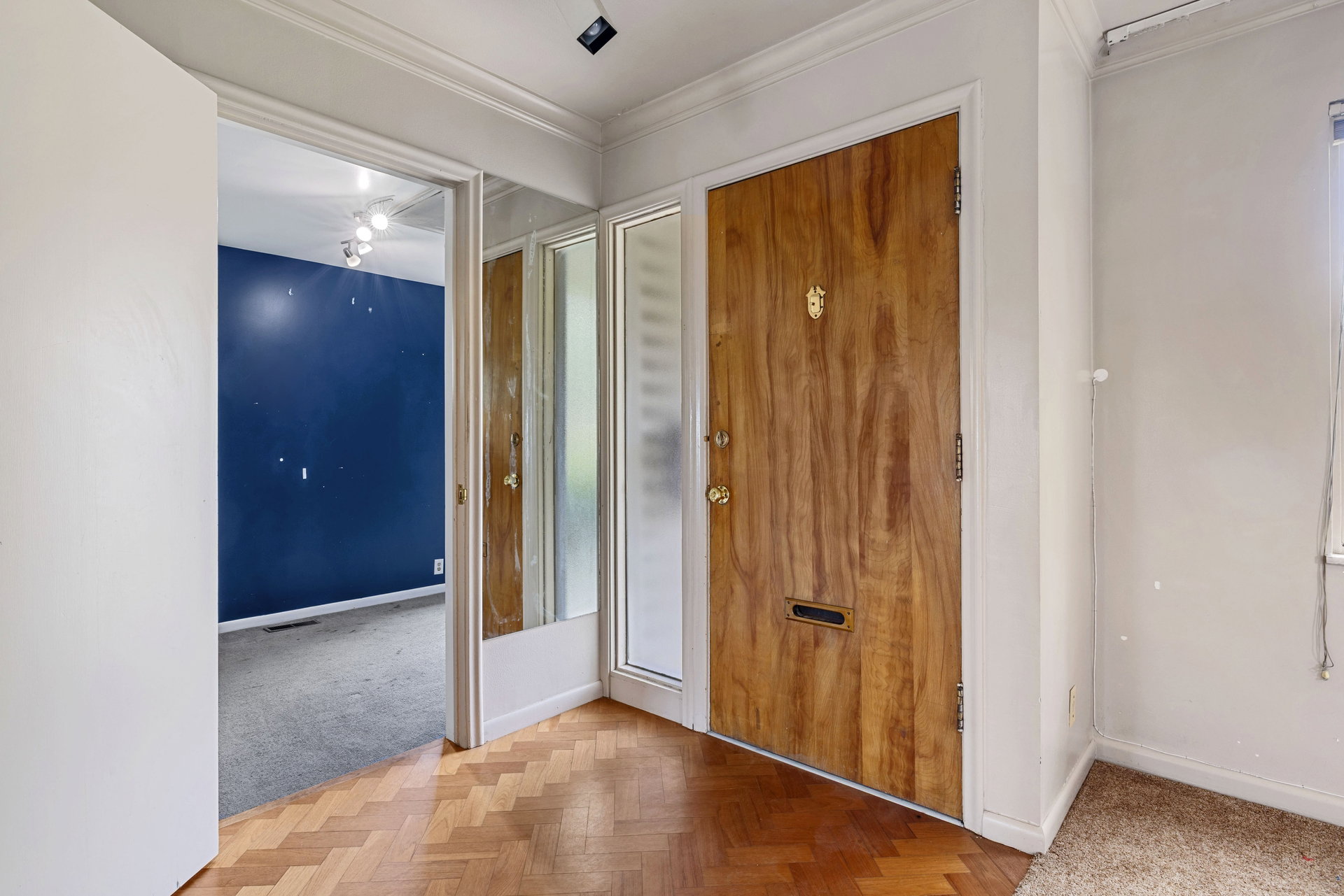 Entryway featuring a wood-finish door with sidelight, herringbone wood-finish flooring, and a recessed ceiling light fixture