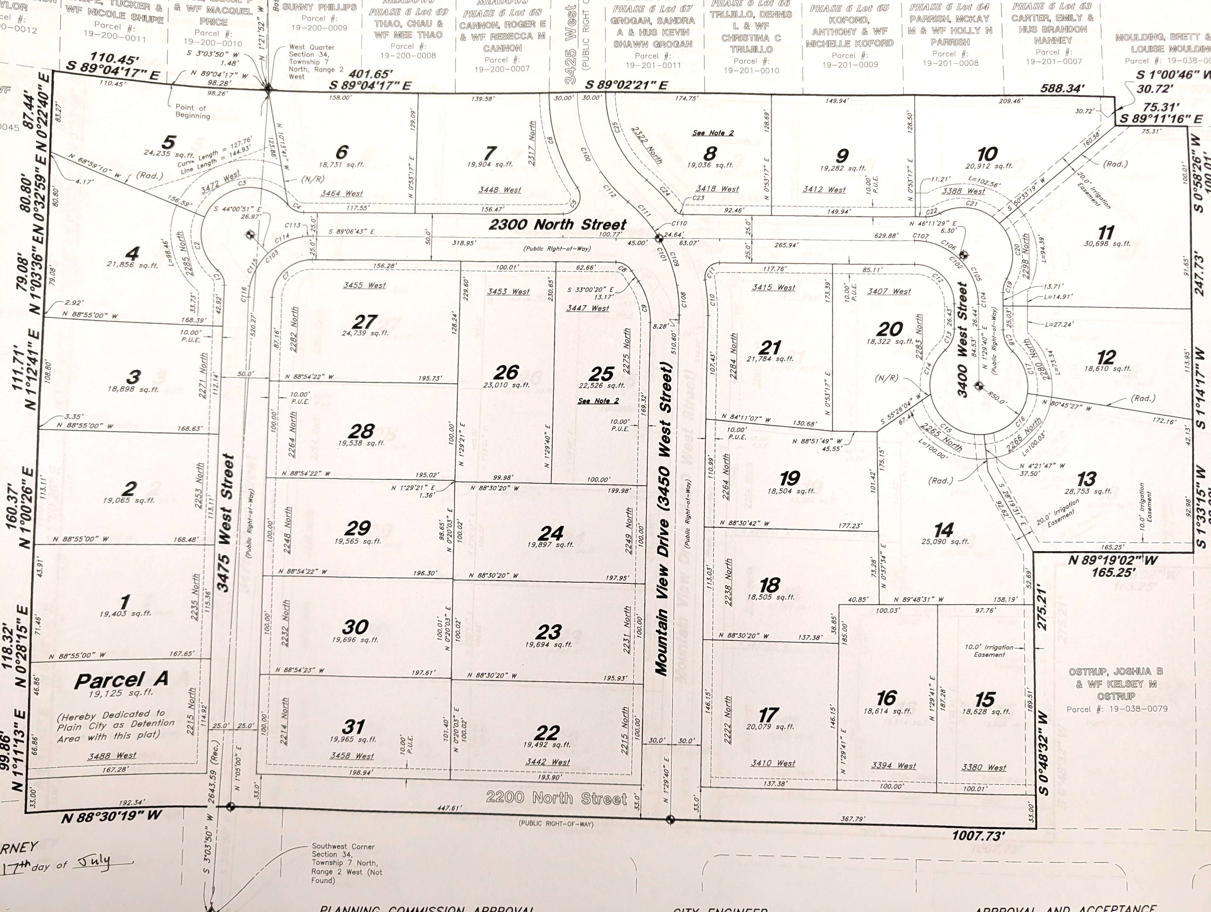 Plat Map. Illustrating the division of land into numbered parcels, including dimensions and street names