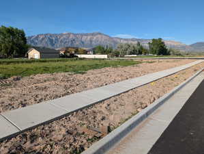Newly installed concrete sidewalk and curb system alongside an asphalt road