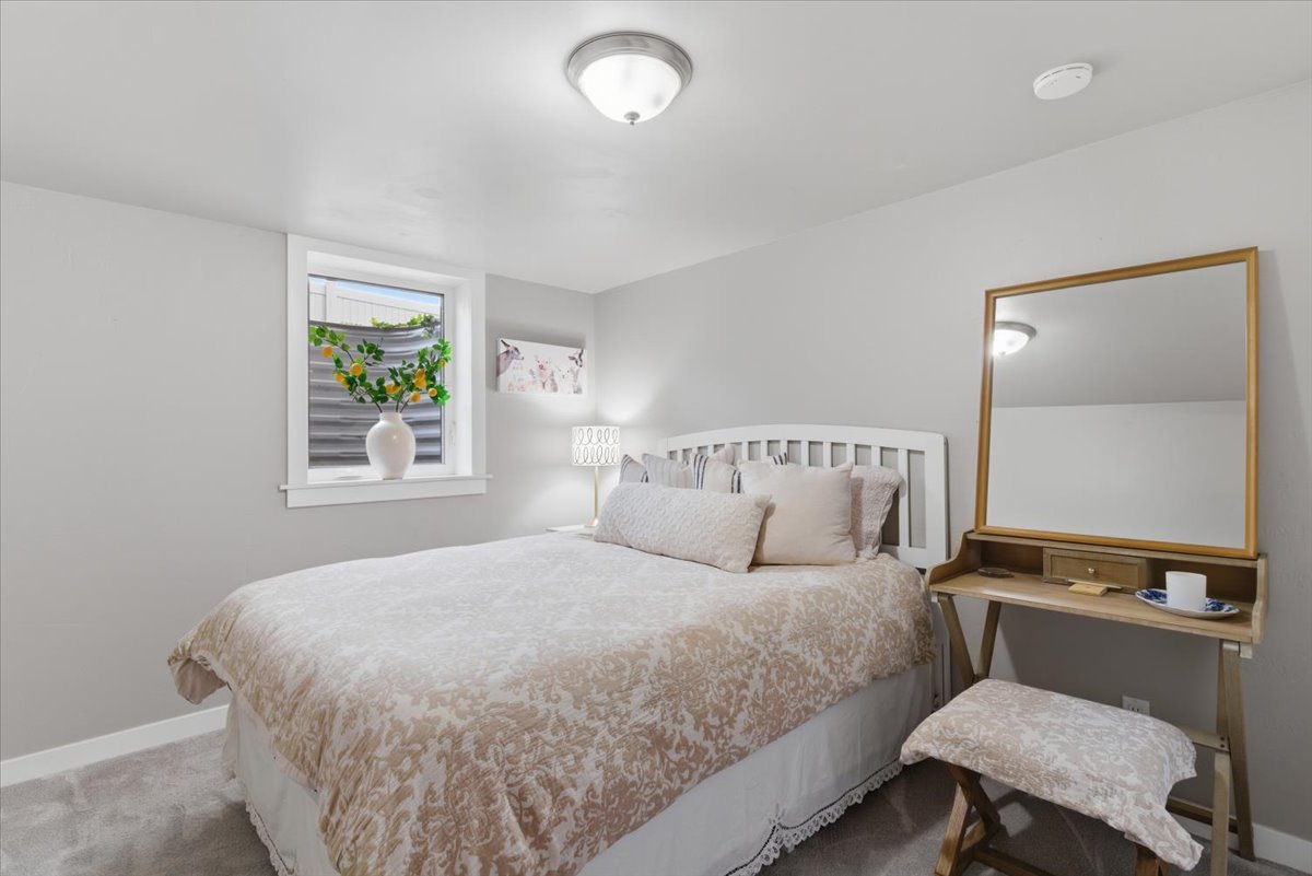 Bedroom featuring light gray walls, plush gray carpeting, a white bed frame, and a window with a white frame