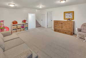 Spacious room featuring light-colored carpeting, white walls, and flush-mount ceiling lighting fixtures