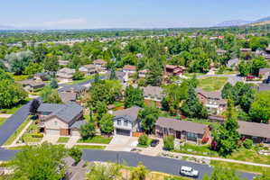 Aerial perspective showcasing a residential neighborhood with mature trees and paved streets