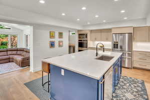 Gourmet kitchen featuring a large central island with an undermount sink, quartz countertops, stainless steel appliances, and wood-finish flooring