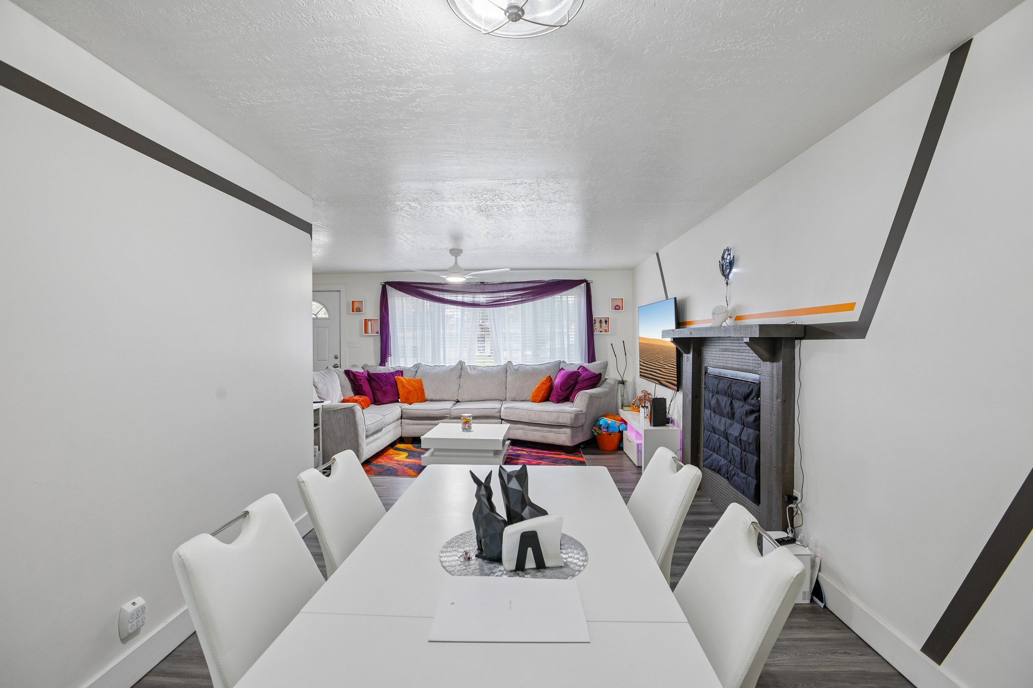 Dining area with wood-finish flooring