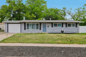 Ranch-style exterior with light gray siding, white trim, and a blue entry door