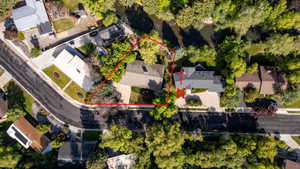 Aerial view showcasing property boundaries outlined in red