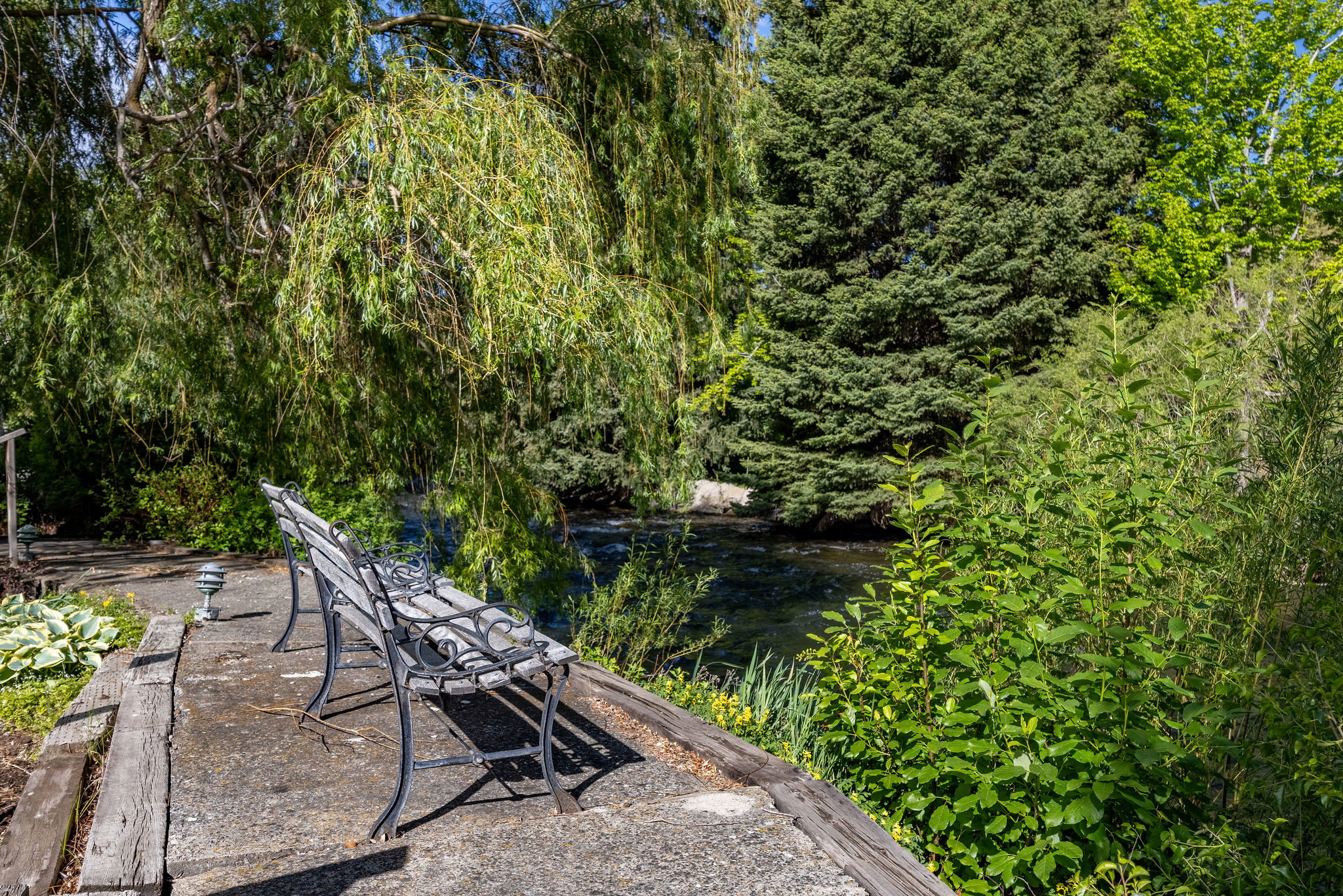 Waterside patio featuring a concrete surface, wooden borders, and a decorative metal bench