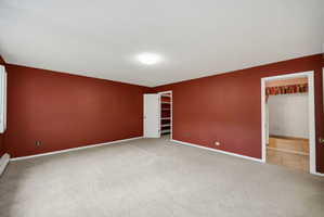 Spacious room featuring neutral carpeting, red-painted walls, and a ceiling-mounted light fixture