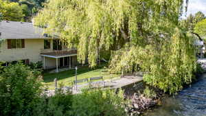 Expansive green lawn with mature weeping willow tree
