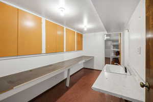 Utility room featuring extensive built-in cabinetry, long countertops, and a white single-basin sink with a faucet