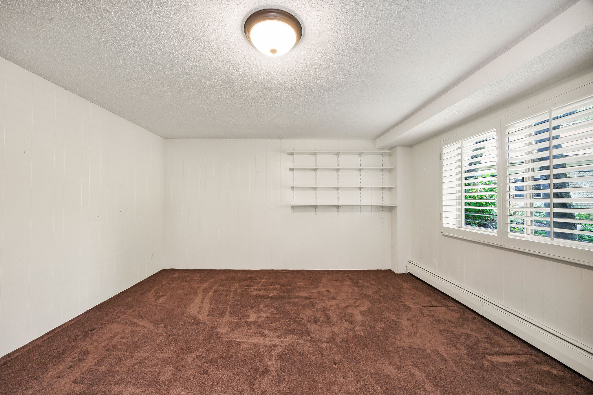 Spacious room with plush brown carpeting, integrated wall shelving, two windows featuring white plantation shutters, and a ceiling-mounted light fixture