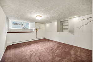 Spacious room featuring carpeting, a multi-pane window with plantation shutters, built-in shelving, and recessed lighting, with additional flush-mount lighting