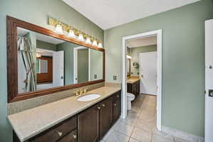 Bathroom vanity featuring a single sink, gold-finish faucet, and a speckled countertop