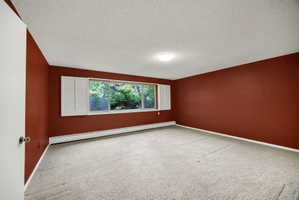 Spacious room featuring a wide window with white plantation shutters, light-toned carpeting, and baseboard heating