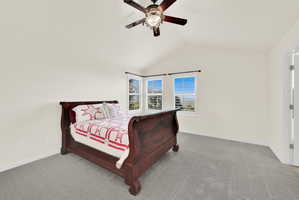 Vaulted ceiling with a ceiling fan, three windows with plantation shutters, light-colored walls, and gray carpet flooring