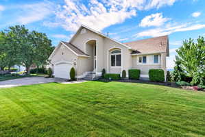 Stucco exterior residence featuring a two-car garage, pitched shingle roof, arched entryway with steps, and a landscaped front yard with a paved driveway
