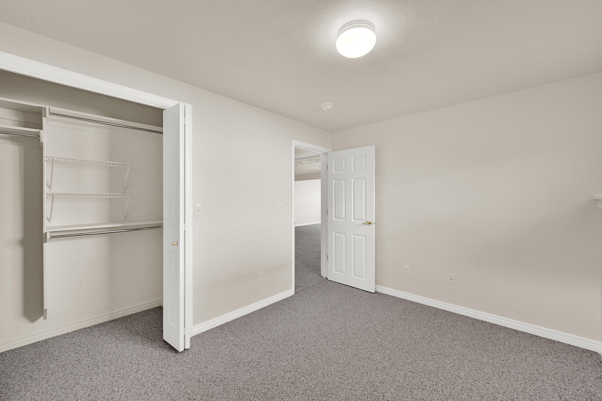 Bedroom featuring neutral wall paint, gray carpeting, a built-in closet with wire shelving and hanging rods, a white paneled door, and an overhead flush-mount light fixture