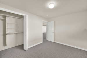 Bedroom featuring neutral wall paint, gray carpeting, a built-in closet with wire shelving and hanging rods, a white paneled door, and an overhead flush-mount light fixture